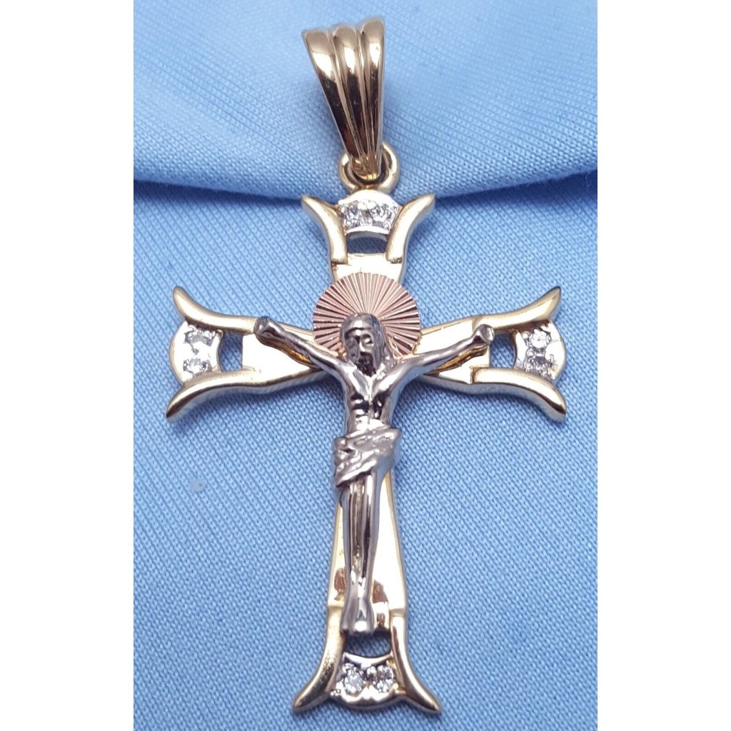 14k Solid Two Tone Multi Tone Gold Jesus On Cross Cubic Zirconia Charm Pendant